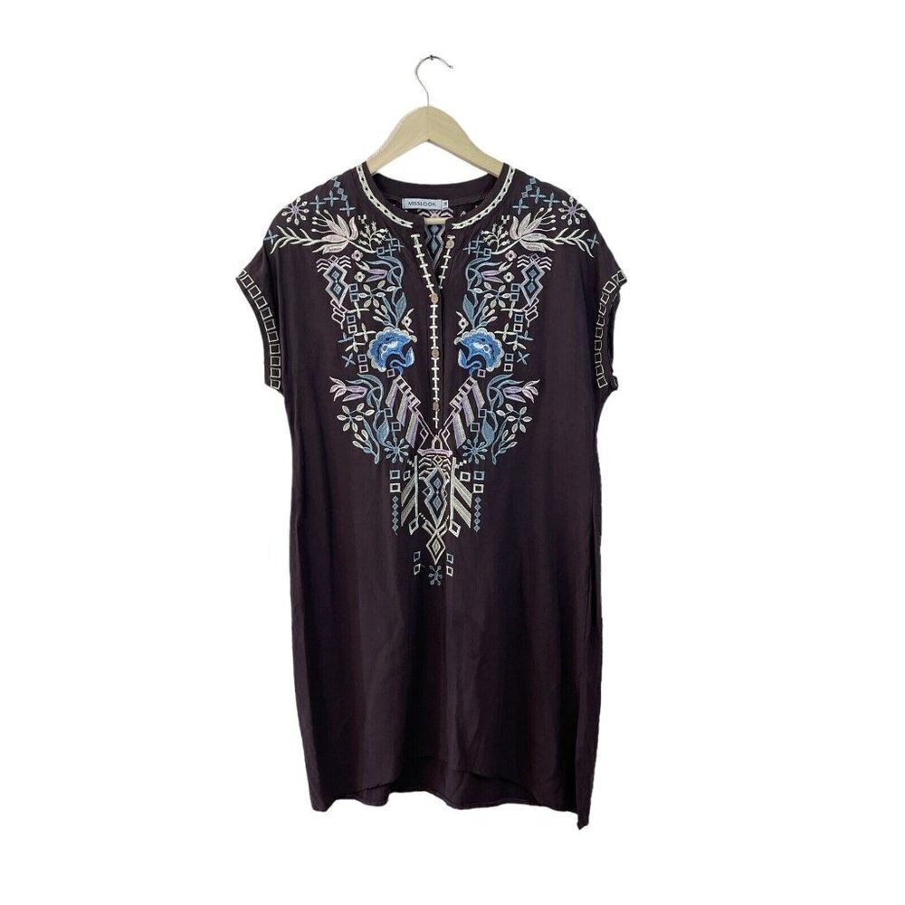Misslook X-Large Dress Mini Embroidered Boho Bohemian Button Purple Womens READ